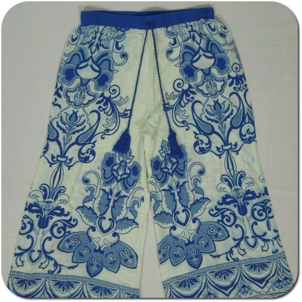 KINGDOM B Pants S SMALL Juniors White & Blue Patterned Straight Wide Leg